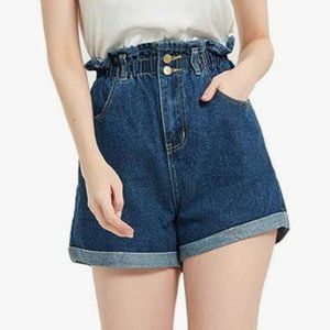 Plaid&Plain Women's High Waisted Denim Shorts Rolled Blue Jean Shorts
